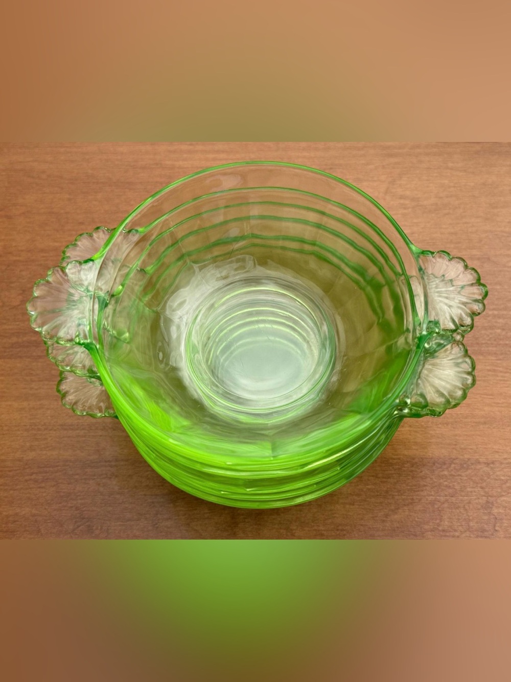 Anchor Hocking Uranium Green Glass Serving Bowl with Flower Handles